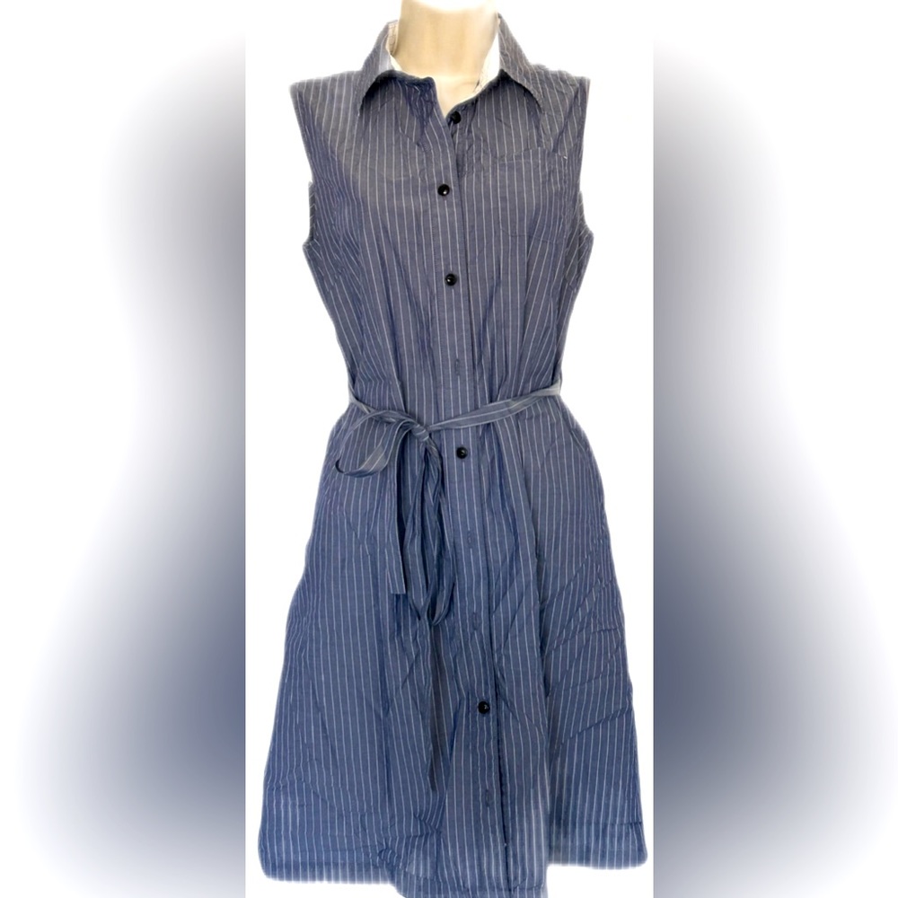 Faux Linen Stripped Collard Button Down Short Sleeve Belted Midi Dress